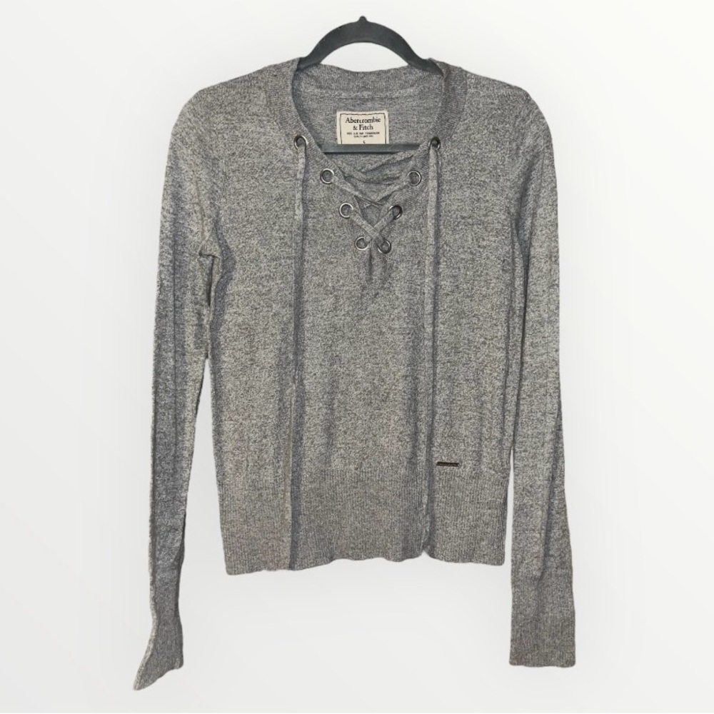 Abercrombie And Fitch Y2K Gray Long Sleeve Lace Up Sweater With Logo Size Small